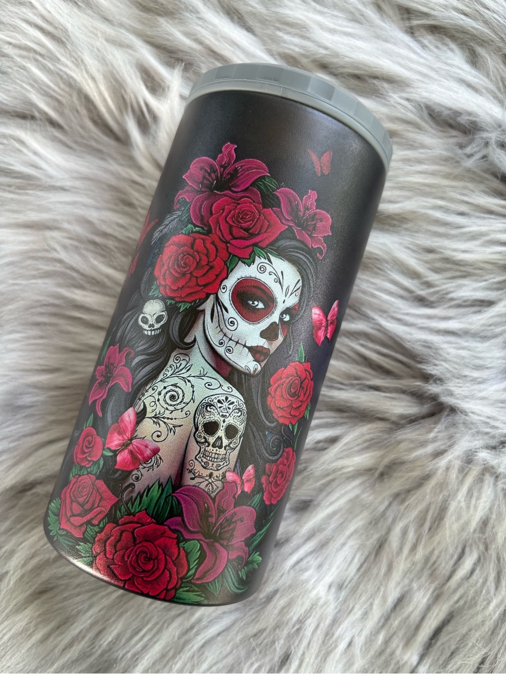 Day of the Dead Floral Tumbler - Pink & Black Skull Design